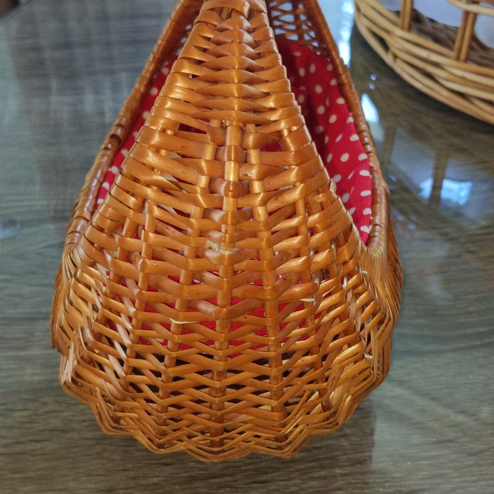 Vintage Wicker Rattan Gathering Gondola Basket Purse Polka Dot Fabric Red
